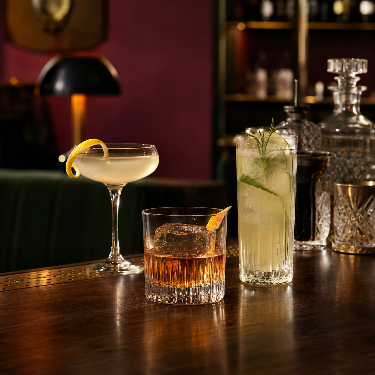 Three cocktails on the polished bar top at Chins under warm lamp light