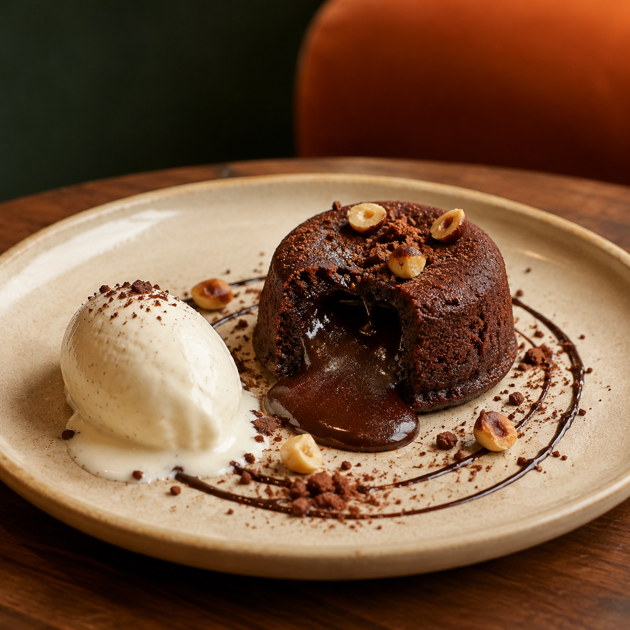 Molten chocolate dessert with vanilla ice cream at Chins