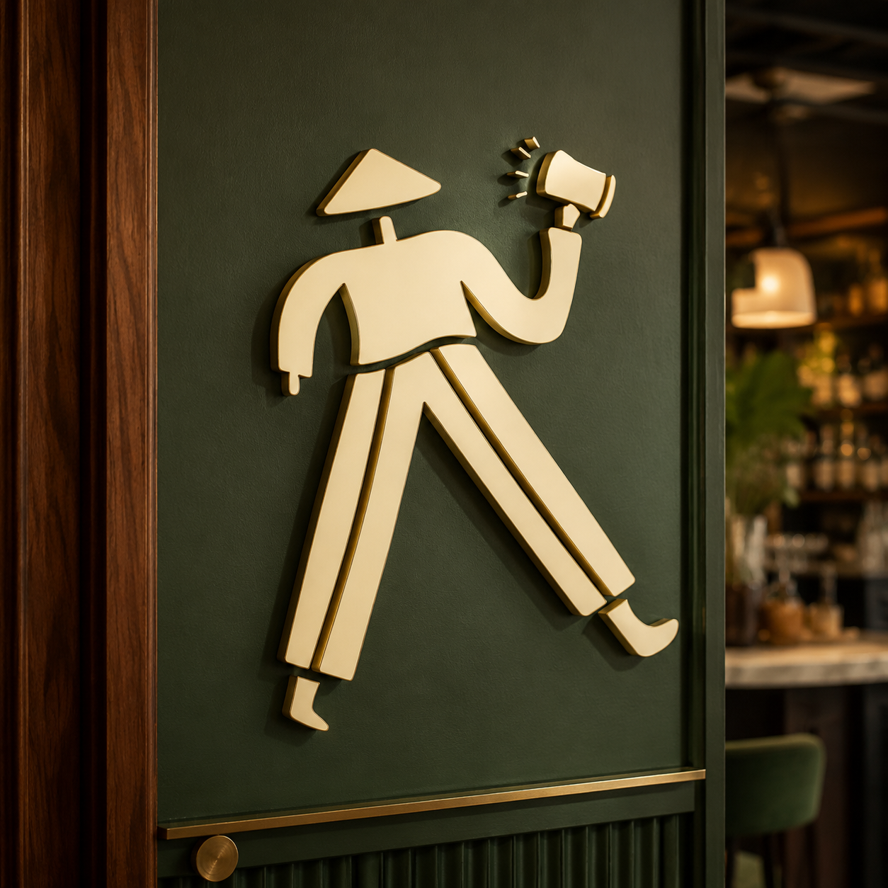 Brass Chins mascot signage on a deep green wall