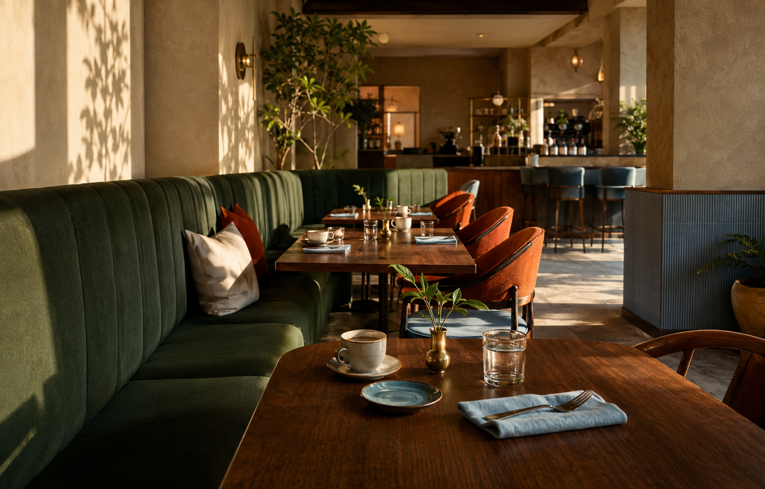 Green banquette seating and timber tables in warm afternoon light at Chins