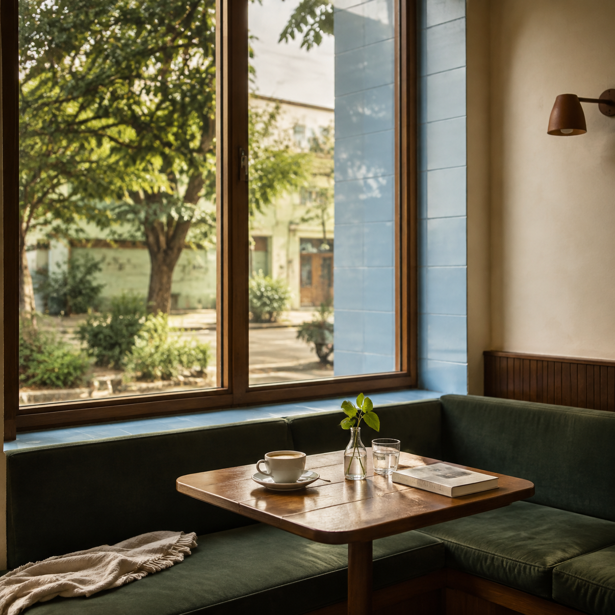 Green banquette window seat with coffee and a book at Chins