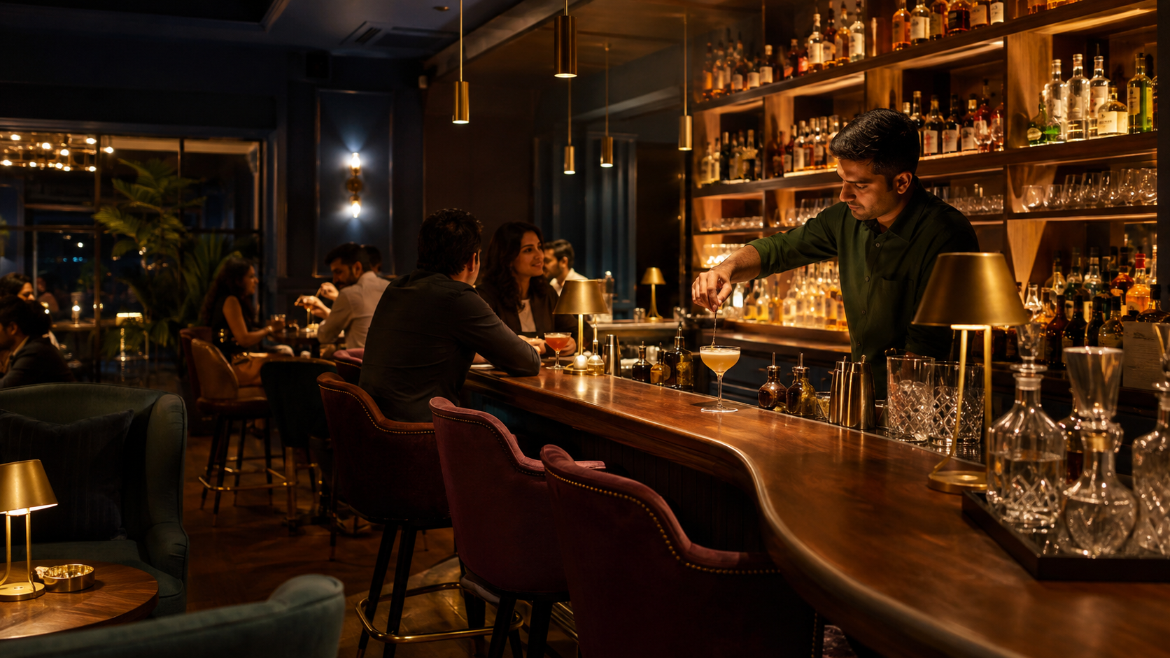 A bartender finishing a cocktail at the Chins bar in the evening