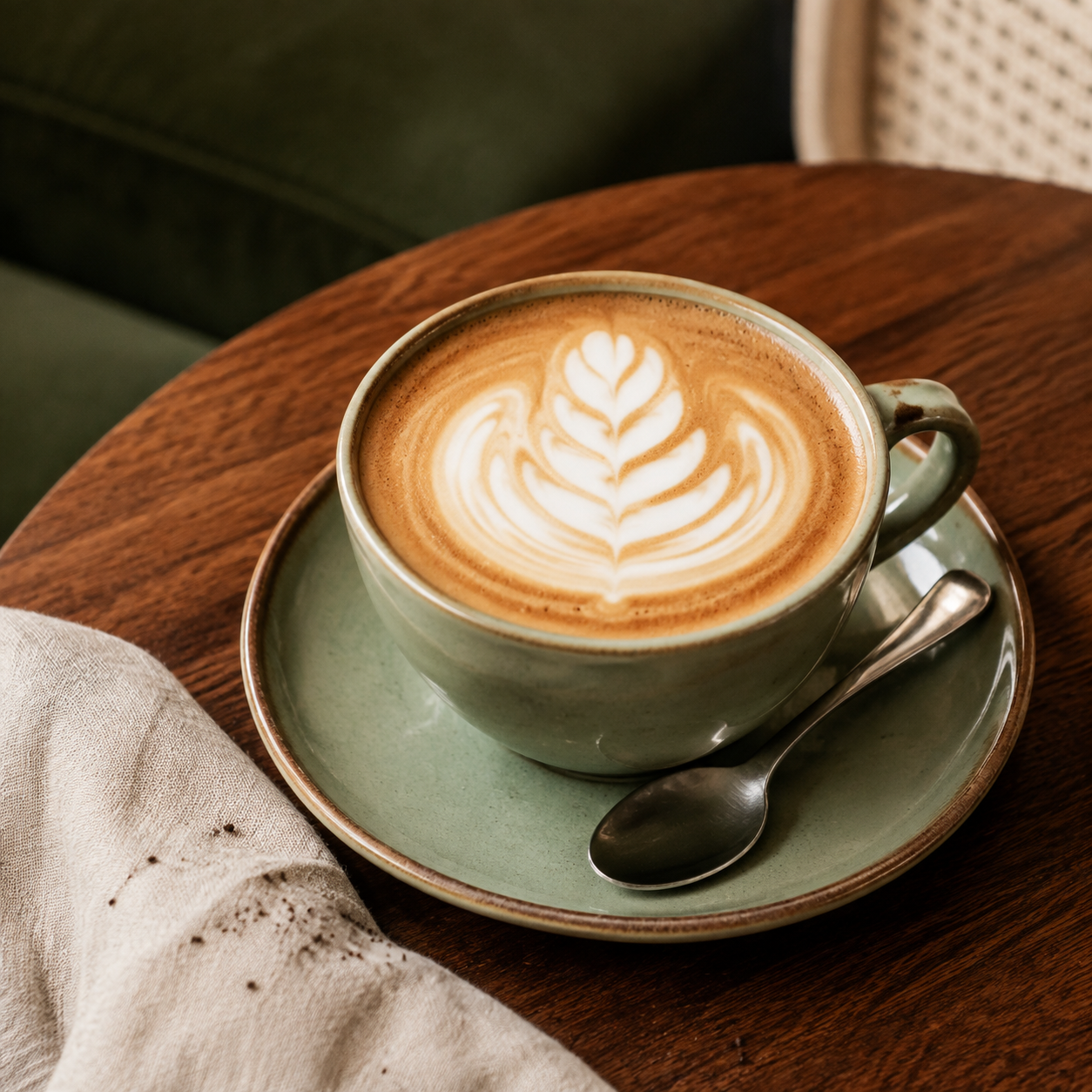 Latte art in a green ceramic cup on a timber table at Chins