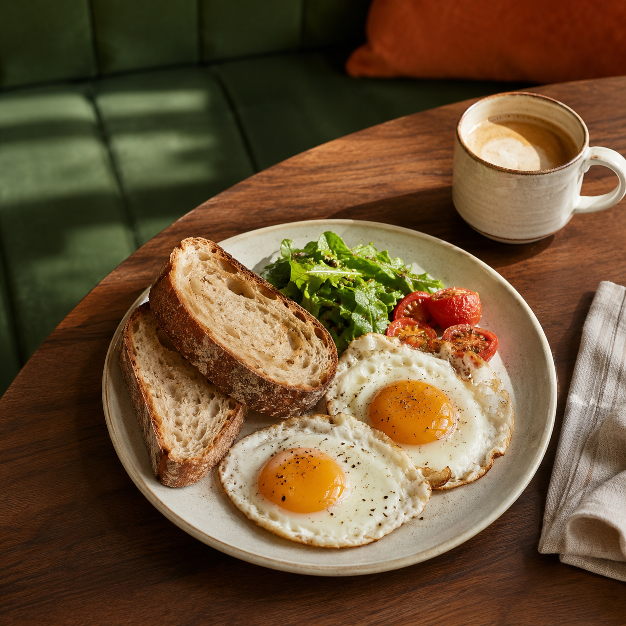 Fried eggs, sourdough toast and coffee on a timber table at Chins