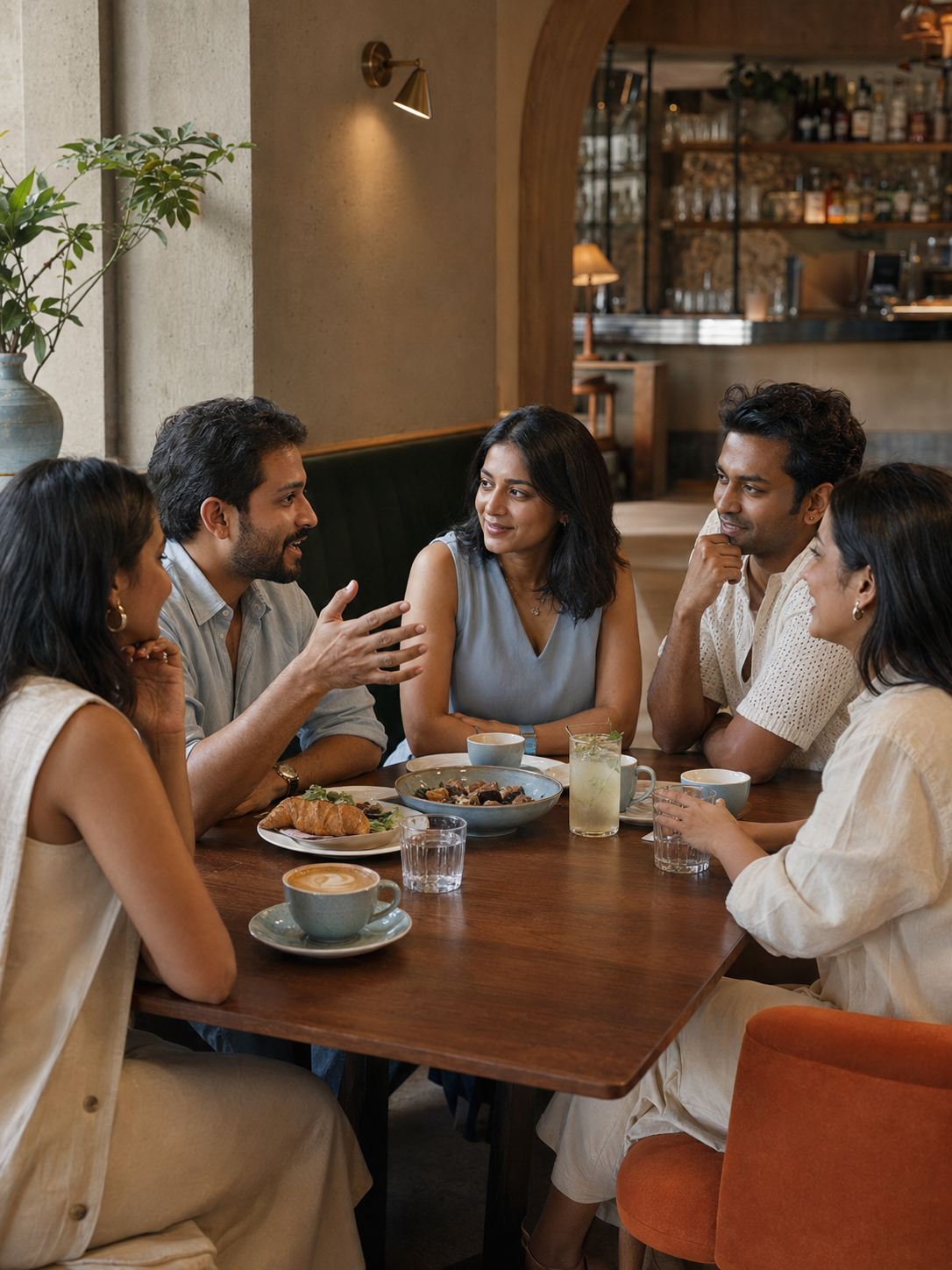 Friends sharing brunch and conversation at a table in Chins