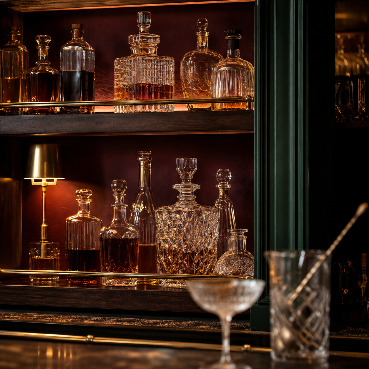 Crystal decanters on the backlit bar shelf at Chins