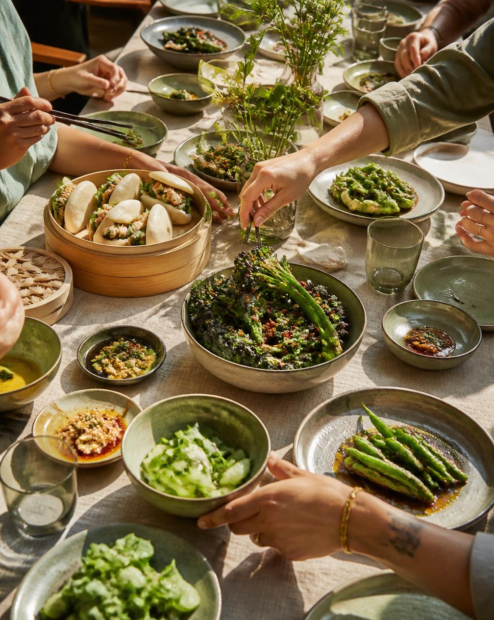 A shared lunch table mid-service at Chins