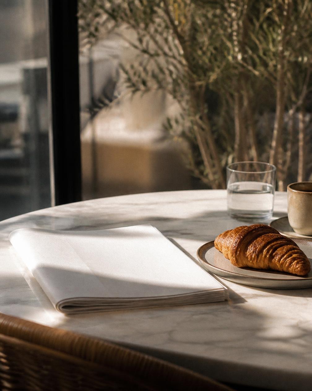 Morning coffee and pastry on a sunlit marble table
