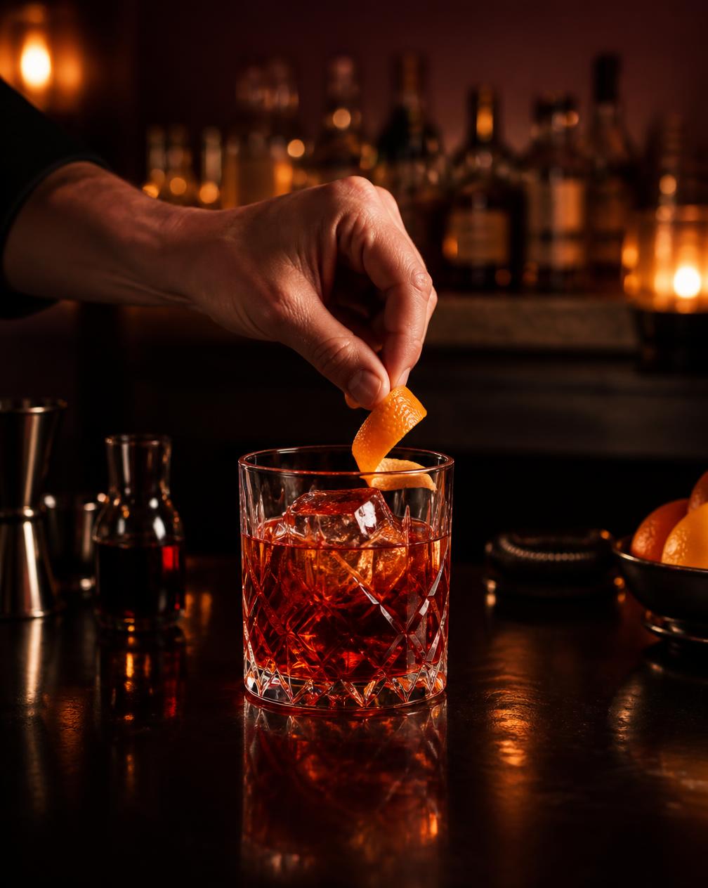 A cocktail being finished under low bar light